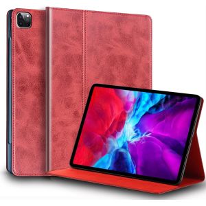 Coque Pour Ipad Pro 11 Pouces Cover,4ème/3ème/2ème/1ème Génération(2022/2021/2020/2018) Étui En Cuir Véritable,Sommeil/Réveil Automatique,Stand Réglable,Antidérapant,Huile Cire Cuir Rouge - Neuf