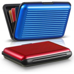 Lot de 2 porte-cartes de crédit fins, mini, bloquant les RFID, en aluminium, avec 6 emplacements, pour homme et femme (bleu, rouge) - Neuf