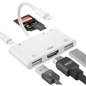 HDMI Adaptateur OTG pour iPhone, USB Adaptateur HDMI, d'un Éclairage Numérique HDMI AV 6-en-1 Lecteur de Carte SD, Appareil-photo d'USB de l'Adaptateur, Compatible avec l'iPhone, Pad, Clavier MIDI - Neuf