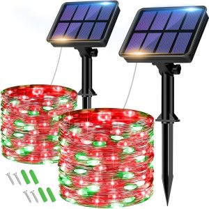 Lot De 2 Guirlande Solaire Exterieur, Totale 16m 160led Lumineuse Étanche, 8 Modes Décoration Pour Jardin Terrasse Cour Noël Mariage Fête, Rouge + Vert - Neuf