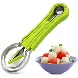 Couteau &agrave; melon 4 en 1 en acier inoxydable &iquest; Ensemble de d&eacute;coupe de fruits avec cuill&egrave;re, bille de melon et couteau, outil empilable pour cuisine, id&eacute;al pour salades gourmandes - Neuf