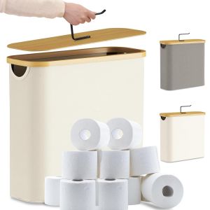 Panier de rangement pour papier toilette 30 l avec couvercle en bambou, bac de rangement pour papier toilette, blanc, &eacute;l&eacute;gant organisateur de salle de bain pour rouleaux de papier toilette - Neuf