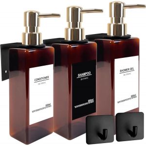 KAL-3 Pièces Distributeur Savon Mural Sans Percage, Distributeur De Savon Mural Avec 32 Étiquettes Imperméables, 500Ml Distributeur Gel Douche Mural, Distributeur Savon Salle De Bain, Ambre Or - Neuf