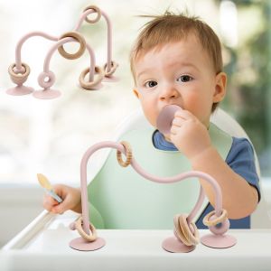 Jouets de Dentition avec Ventouses pour Bebe, Grignoteuse B&eacute;b&eacute; Sans BPA pour Les de 3 6 9 Mois, Montessori Silicone Jouets avec Anneau en Bois pour Naissance Garcon Fille Cadeau (Beige) - Neuf