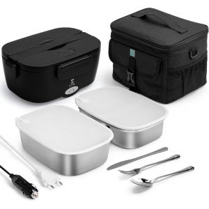 JEXNOVASHOP-Gamelle Chauffante 80w Lunch Box Chauffante avec 2 Récipients De 1,5l En Inox,Sac Isotherme De 10 Litres,Couverts pour 12v 24v 220v - Neuf