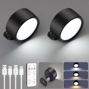 Applique Murale Interieur,2 Pcs Lampe Murale Rotatifs 360&deg; Avec T&eacute;l&eacute;commande Et Tactile,Lampe Murale Led Rechargeable,3 Couleur Et Luminosit&eacute; R&eacute;glable Et Minuterie,Lampe De Chevet Liseuse.[V83] - Neuf