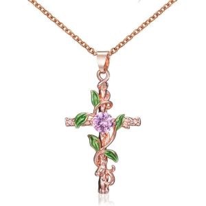 Kal-Collier Croix En Cristal Avec Feuille Enveloppée De Croix Et Diamant - Or Rose - Longue Chaîne - Bijoux Pour Femmes Et Adolescentes - Neuf