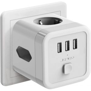 Cube Multiprise USB Murale,6 en 1 Prise USB Secteur Multiple Bloc Multiprise 3 Prises(1 Sortie AC,2 Prise Euro) avec 3 Ports USB Chargeur(2.4A) Parafoudre et Surtension avec Interrupteur-Blanc - Neuf