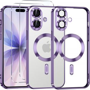 JGD-Coque Magn&eacute;tique pour iPhone 17 avec 2 Pi&egrave;ces Verre Tremp&eacute;, Compatible avec MagSafe, R&eacute;sistante aux Rayures, R&eacute;sistante aux Chocs, Mince et Transparente, Violet - Neuf