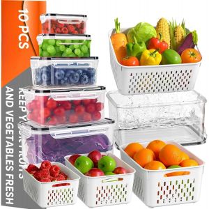 Sjzg-10 Pcs Boite Rangement Frigo Transparent, Filtrable Egouttoir, Organisateur Frigo, Bac Rangement Frigo, Boite De Rangement Avec Couvercle, Boite Rangement Cuisine, Boite Conservation (M) - Neuf