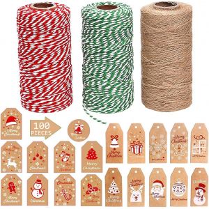 JEXNOVASHOP-3 Rouleaux Ficelle de Coton Corde de No&euml;l Rouge Blanche Vert Jute 2mm Ficelle Emballage Cadeau Decorative Bakers Twine Bobines Fil, avec 100 Papier Kraft &Eacute;tiquette Cadeaux de No&euml;l, (150M+ - Neuf