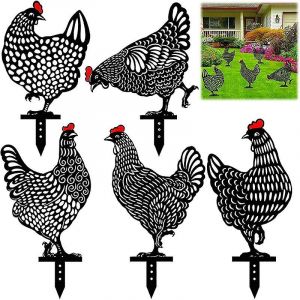 Lot de 5 décorations de jardin en forme de poule réaliste, décoration de jardin en acrylique creux, motif poule noire, ornements de pelouse d'extérieur - Neuf