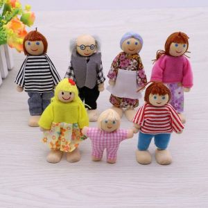 En Bois Heureux Famille Habill&eacute; Marionnette Articulations Flexibles Poup&eacute;e Enfants Jouet Anniversaire Gift_7 Membres - Neuf