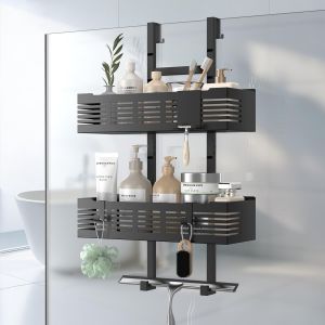 Ulteronixshop-tag&egrave;re de douche &agrave; suspendre, sans per&ccedil;age, noire, pour portes de douche en verre, design r&eacute;glable en hauteur avec 3 crochets pour ranger le shampooing et le gel douche dans la salle de - Neuf
