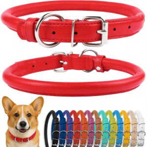 Eryi-Collier De Chien En Cuir Roulé, Collier De Chiot Rond Rembourré Doux, Collier En Cuir Véritable Fait À La Main Pour Chien Petit Grand Collier De Chat (35-40 Cm, Rouge Texturé) - Neuf