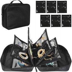Trousse &Agrave; Bijoux De Voyage, Sac Rangement De Bijoux Avec 6 Pochettes En Velours Pour Colliers Boucles D'Oreilles Bagues, &Eacute;tui Bo&icirc;te Organisateur De Bijoux Pour Femmes Filles, Noir - Neuf