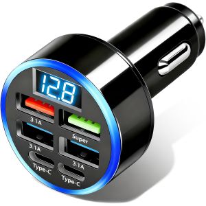 JGD-Chargeur Allume Cigare USB C Rapide, 50W 6 Ports Chargeur Voiture Allume Cigare USB QC3.0&PD Prise Adaptateur avec LED Voltm&egrave;tre Compatible avec iPhone 16 15 14 13 12 11 Pro Max Plus Android Sams - Neuf