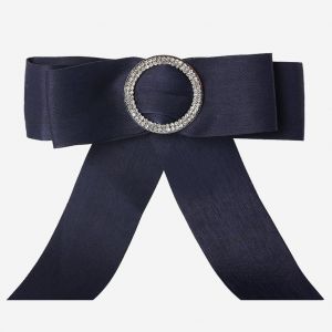 Broche Elegante En Alliage Pour Femme, Noud Papillon En Tissu Avec Strass (Bleu Marine) - Neuf