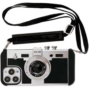 TRAHOO-&Eacute;tui de t&eacute;l&eacute;phone pour appareil photo 3D vintage avec long cordon u2013 &Eacute;tui de protection unique en silicone PC r&eacute;sistant aux chocs pour iPhone 15 u2013 Noir - Neuf