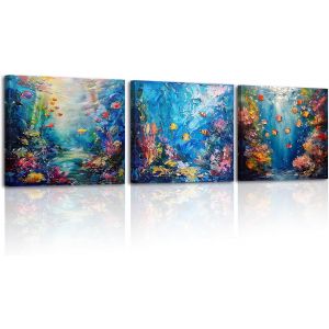 Eryi-Piy Painitng Tableau Sur Toile, Tableau De L'océan Bleu, Impression Murale Sur Toile De Poissons, Facile À Suspendre Pour Salle Réunion Salle Bain, Cadeau D'anniversaire, Lot De 3,30x30 Cm - Neuf