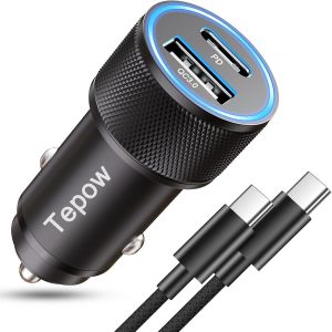 USB C Car Cigarette Lighter Charger 60 W, PD+QC3.0 Double Cigarette Lighter Socket 12 V USB Fast Car Phone Charger with Cable for iPhone 16 15, Samsung S25 S24 S23 S22 - Neuf