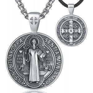 Collier En Argent Sterling 925 Avec M&eacute;daille Saint Beno&icirc;t San Benito Pour Femme Et Homme, Pendentif Amulette Vintage St Beno&icirc;t, Bijoux Catholiques Chr&eacute;tiens, 61 Cm + 50,8 Cm - Neuf