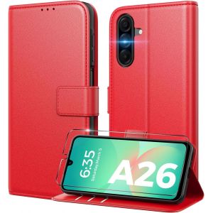 Kal-Coque Pour Samsung Galaxy A26 5g[ Verre Trempé Protection *1 ] [ Blocage Du Signal Rfid ] [ Premium Pu ] [ Pochette De Portefeuille ] Etui À Rabat Pour Samsung Galaxy A26-Rouge - Neuf