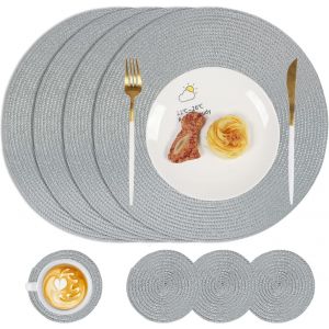 ERYI-Lot De 4 Sets De Table Et Dessous De Verre Ronds Tissés Lavables Et Résistants À La Chaleur Gris - Neuf
