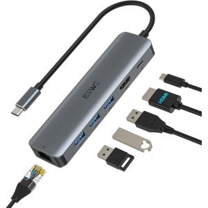 6 en 1 Hub/Adaptateur USB C avec RJ45 Ethernet, 4K HDMI, 100W PD,3 Port USB 3.0, Type C Adaptateur Multiport pour Thunderbolt 3 Laptop MacBook Air/Pro, iPad Pro M1/M2, Mac Min - Neuf