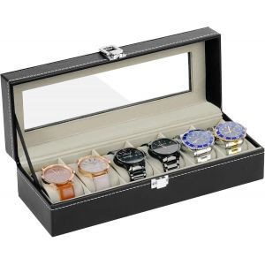 Kal-Boîte À Montres À 6 Emplacements, Coffret À Montre En Pu, Écrin À Montre Avec Couvercle En Verre, Amovibles Coussinets Boîte De Rangement Pour Montres Bijoux Femme Homme, Noir - Neuf