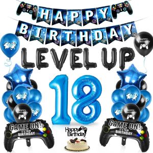ChicSlick-Décoration De Jeux Vidéo Ballons 18 Ans, Anniversaire Gamer 18 Ans, Ballon Manette De Jeux, Ballon Bleu Noir, Happy Birthday Bannière, Décoration De Fête D'Anniversaire[X1077] - Neuf