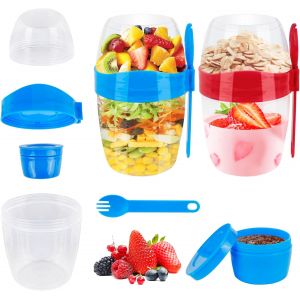Checarzhn--No1-Lot De 2 Gobelets À Céréales À Emporter Pour Enfants - Avec Couvercle Cuillère - 310 Ml + 560 Ml - Pour Céréales, Yaourt, Céréales, Vinaigrette, Petit-Déjeuner - 3 En 1 - Overnight Oat - Neuf