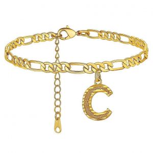 Bracelet De Cheville Initiales Pour Femme, Cha&icirc;ne Figaro Dor&eacute;e 4,5 Mm, Bijoux D'&eacute;t&eacute;, Longueur 2227 Cm, Laiton C, R&eacute;f. : 2125 - Neuf