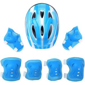 Casque V&eacute;lo Enfant 7 Pcs Set De Protection Roller Pour Enfant Fille Gar&ccedil;on Casque R&eacute;glable Coudi&egrave;res Genouill&egrave;re Prot&egrave;ge-Poignets Protection Trottinette Skateboard(Bleu,50-54cm) - Neuf