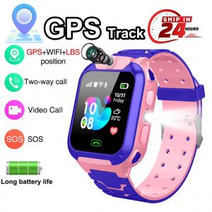 Q12B SIM montre intelligente enfants GPS WIFI appel vid&eacute;o SOS IP67 &eacute;tanche enfant Smartwatch cam&eacute;ra moniteur traqueur localisation t&eacute;l&eacute;phone montre Pink For Kid GPS - Neuf