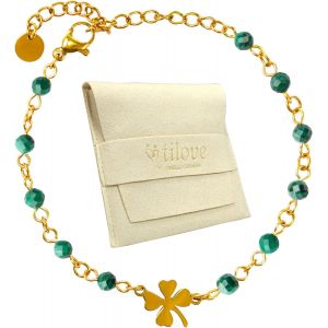 Eryi-Tilove, Bracelet En Pierre Naturelle De Malachite, Lithothérapie Pour Femme Avec Trèfle Porte Bonheur En Acier Inoxydable. Conçu En France. Bracelet Chakra Bien Être. Idée Cadeau Femme, Fête Des - Neuf