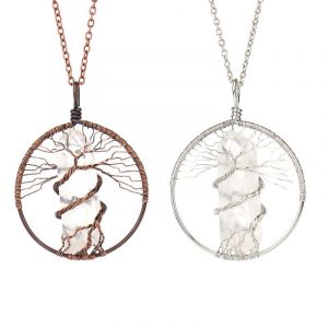 2pcs Crystal Point Pendant For Men And Women, Handmade Wire Wrapped Tree Of Life Necklace Natural Gemstone Amulet Clear Quartz Jewelry - Neuf