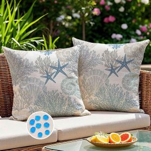 Cauc-Housses De Coussin D'extérieur Résistantes Aux Intempéries Coussins De Jardin Imperméables Etoiles De Mer Algues 45 X 45 Cm Gris Bleu Décoratives Pour Lit De Patio Chaise Balcon Lot De 2 - Neuf