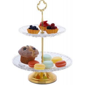 Checarzhn--No1-Présentoir À Gâteaux, Verre Et Fer, H X D 30 X 23 Cm, Plat De Service, 2 Étages, Transparent/Doré - Neuf