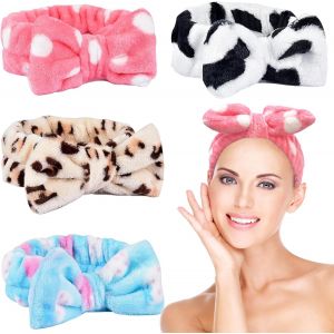 4 Pi&egrave;ces Bandeau Maquillage, Bowknot Bandeau Cheveux Femme Maquillage Bandeau De Spa Serre-T&ecirc;te Maquillage &Eacute;lastique Bandeau Soin Visage Pour Spa (Blanc, Rose, Bleu, L&eacute;opard, Taille Universelle) - Neuf