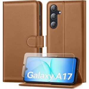 CAUC-Coque pour Samsung Galaxy A17 avec Verre Tremp&eacute;, &eacute;tui Cuir PU Magn&eacute;tique [ Pochette de Portefeuille ], Housse de Fonction Stand Video Porte Carte Credit &agrave; Rabat pour Samsung A17 -Brun - Neuf