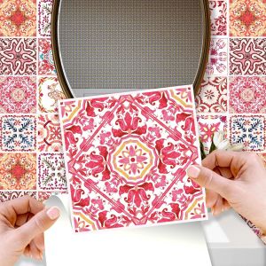 Lot de 96 autocollants muraux amovibles en vinyle pour décoration d'intérieur,salon,cuisine,chambre à coucher,crédence-Mosaïque marocaine rose rouge-15 cm - Neuf