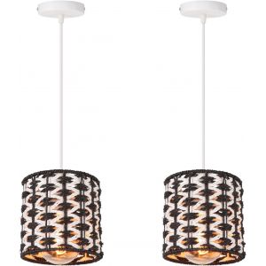 Kal-Lot De 2 Suspension Luminaire Rotin Vintage Lustre Boho Abat-Jour E27 Lampe Suspendue Rétro Corde Bicolore Design Pour Chambre Salon Cuisine - Neuf