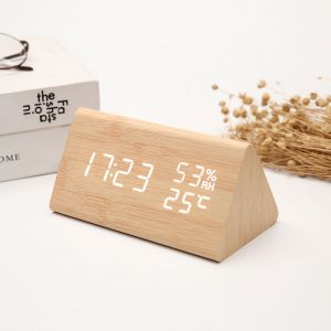 Réveil triangulaire en bois, contrôle sonore créatif, LED, température et humidité, horloge électronique numérique en bois blanc, lumière blanche (bois brut) - Neuf