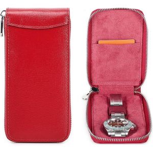 Kal-Étui De Voyage Pour 1 Montre - En Cuir Saffiano - Portable - Fermeture Éclair - Rouge - Neuf