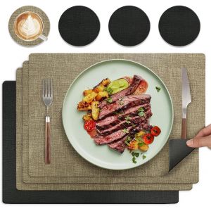 Eryi-Lot De 4 Sets De Table Et Dessous De Verre Lavables, Aspect Cuir, Double Face, Imperméables Et Antidérapants, Pour Dîner En Famille, Rectangulaires, Gris Et Noirs - Neuf