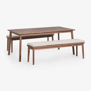 Set de table rectangulaire 180x90 cm et 2 bancs de salle &agrave; manger en bois d'acacia Kaela Brun Acacia fonc&eacute; - Neuf