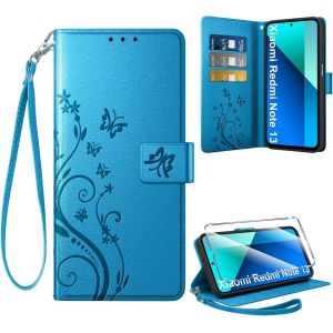 Kal-Coque Pour Xiaomi Redmi Note 13 4g + 1 Verre Trempé, Retro Design Housse Premium En Cuir Pu Pochette De Portefeuille Pour Porte Cartes Fonction Stand Flip Etui Pour Redmi Note 13, Bleu - Neuf