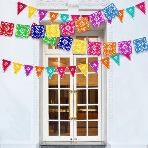 Bannières de Fête Mexicaine - Pack de 4 Bannières Colorées, Décoration pour Le Jour des Morts & Dia De Los Muertos, Polyvalent pour Cinco de Mayo & Anniversaires, Décor Intérieur & Extérieur - Neuf