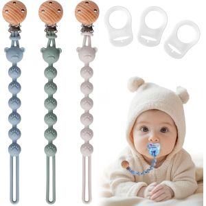 Pack De 3 Attache Tetine Silicone,Attache Sucette Avec Une Seule Pi&egrave;ce En Silicone,Accroche T&eacute;tine Bebe Pour Filles & Gar&ccedil;ons,Sans Bpa,&Eacute;lastiques Et Robustess (Bleu Sauge Gris Clair) - Neuf